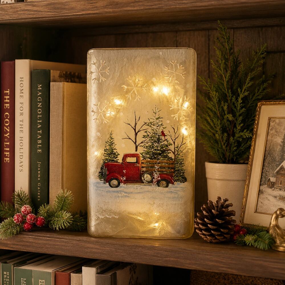 Valerie Parr Hill Lighted Capiz Red Truck Christmas Tabletop Decor Timer LED